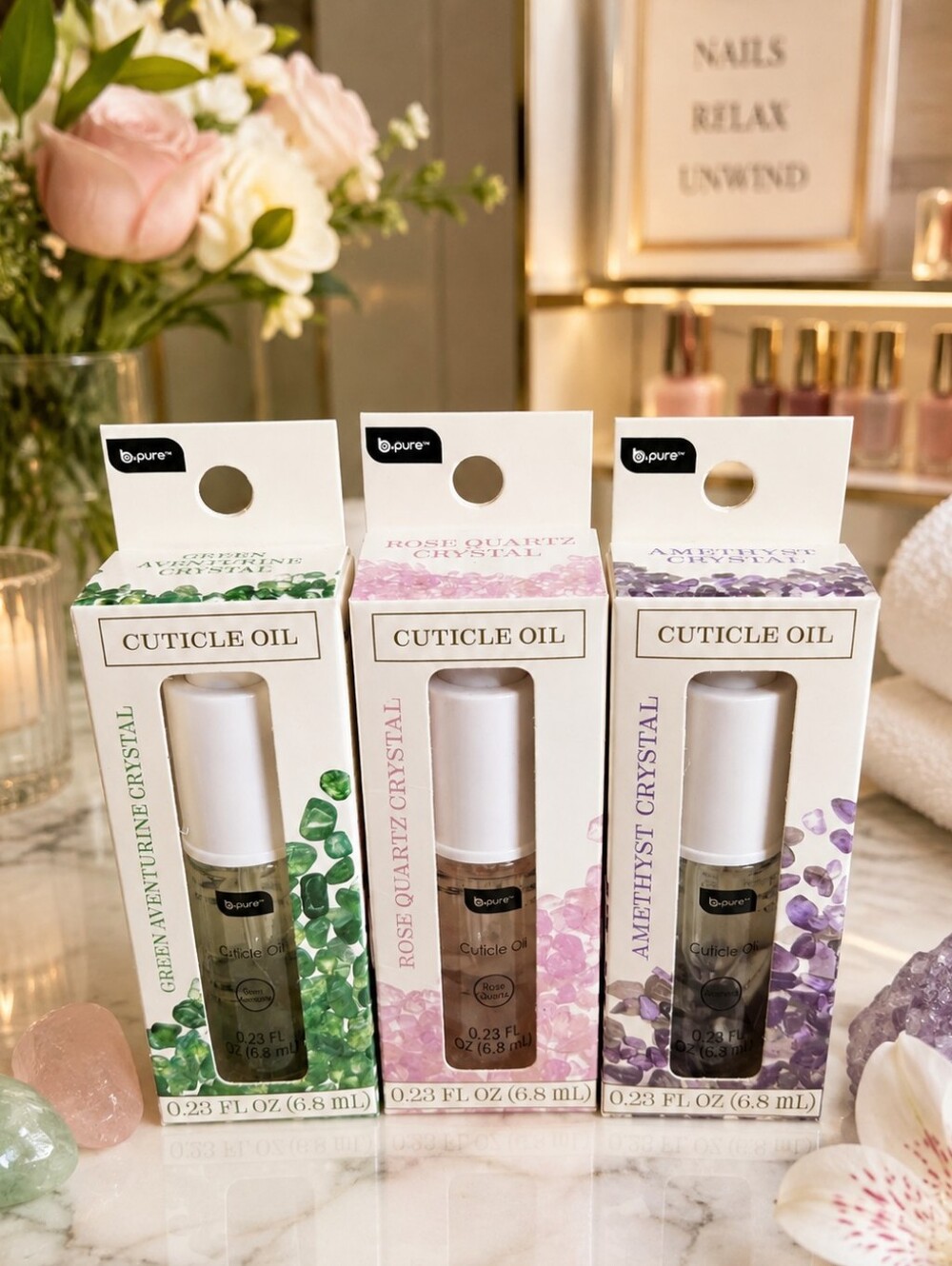 GEMSTONE CUTICLE OIL TRIO COLLECTION BY B.PURE  COCONUT, JOJOBA OIL & VIT. E